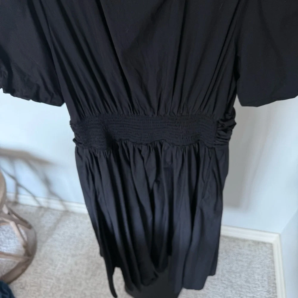 Anthro Somerset Black Midi Dress M Puff Sleeve Ruched Waist - Picture 5 of 7